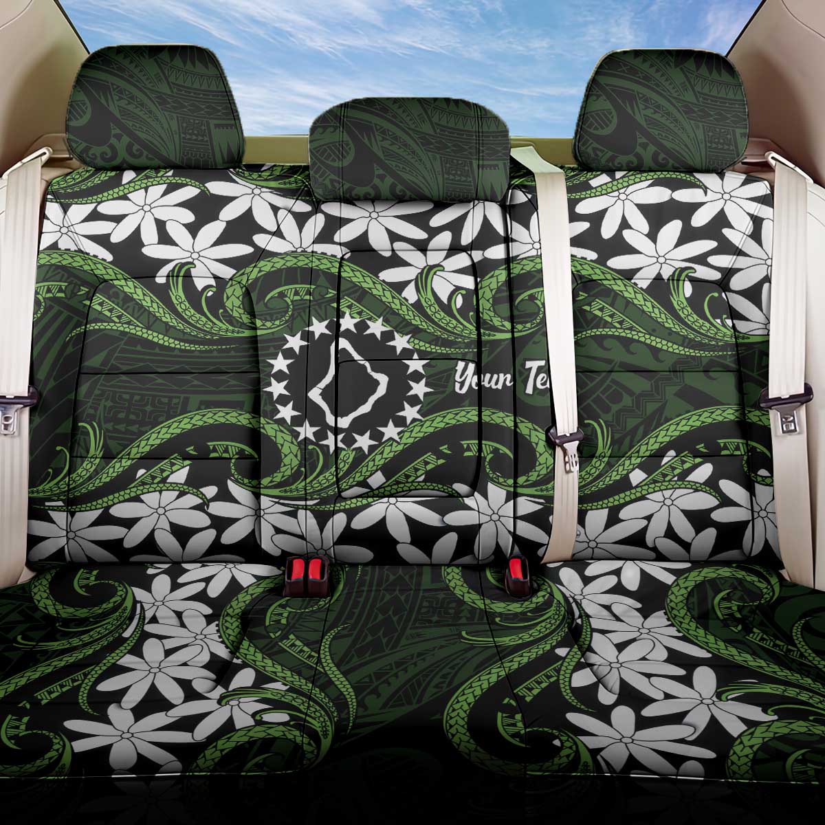 Personalised Cook Islands Palmerston Back Car Seat Cover Tiare Maori Polynesian Waves Tattoo LT14 One Size Green - Polynesian Pride