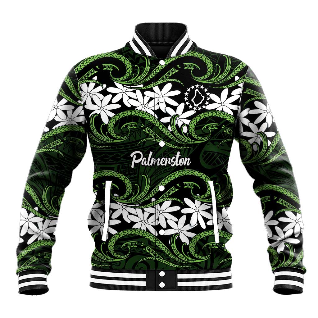 Personalised Cook Islands Palmerston Baseball Jacket Tiare Maori Polynesian Waves Tattoo LT14 Unisex Green - Polynesian Pride