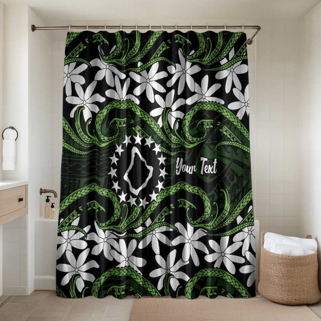 Personalised Cook Islands Palmerston Bathroom Set Tiare Maori Polynesian Waves Tattoo LT14 Shower Curtain Only Green - Polynesian Pride