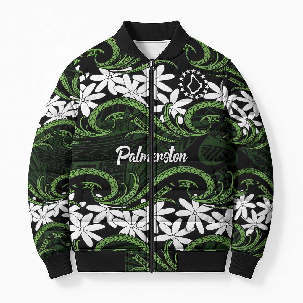 Personalised Cook Islands Palmerston Bomber Puffer Jacket Tiare Maori Polynesian Waves Tattoo LT14 Unisex Green - Polynesian Pride