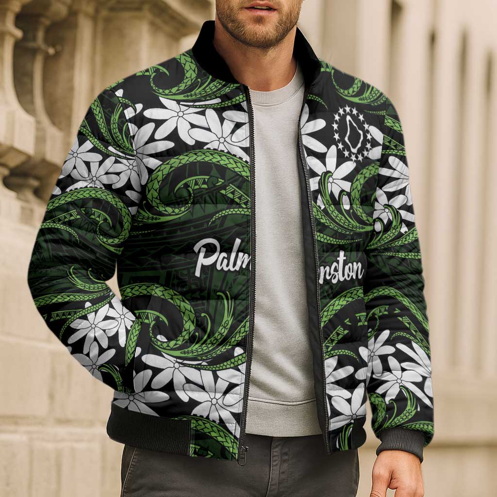 Personalised Cook Islands Palmerston Bomber Puffer Jacket Tiare Maori Polynesian Waves Tattoo LT14 - Polynesian Pride