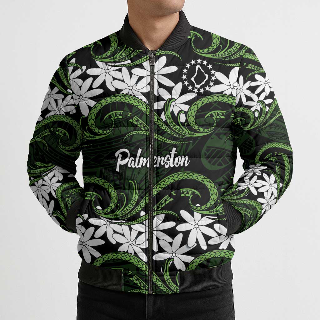 Personalised Cook Islands Palmerston Bomber Puffer Jacket Tiare Maori Polynesian Waves Tattoo LT14 - Polynesian Pride