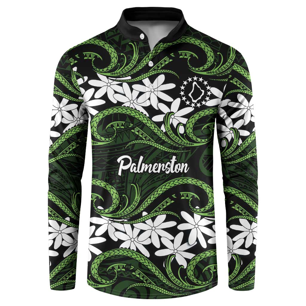 Personalised Cook Islands Palmerston Button Sweatshirt Tiare Maori Polynesian Waves Tattoo LT14 Green - Polynesian Pride