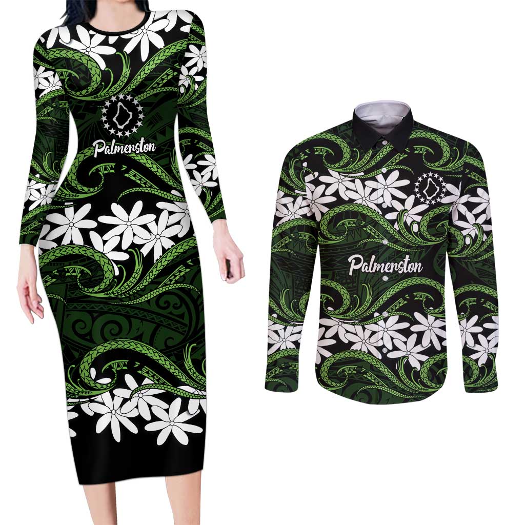 Personalised Cook Islands Palmerston Couples Matching Long Sleeve Bodycon Dress and Long Sleeve Button Shirt Tiare Maori Polynesian Waves Tattoo LT14 Green - Polynesian Pride
