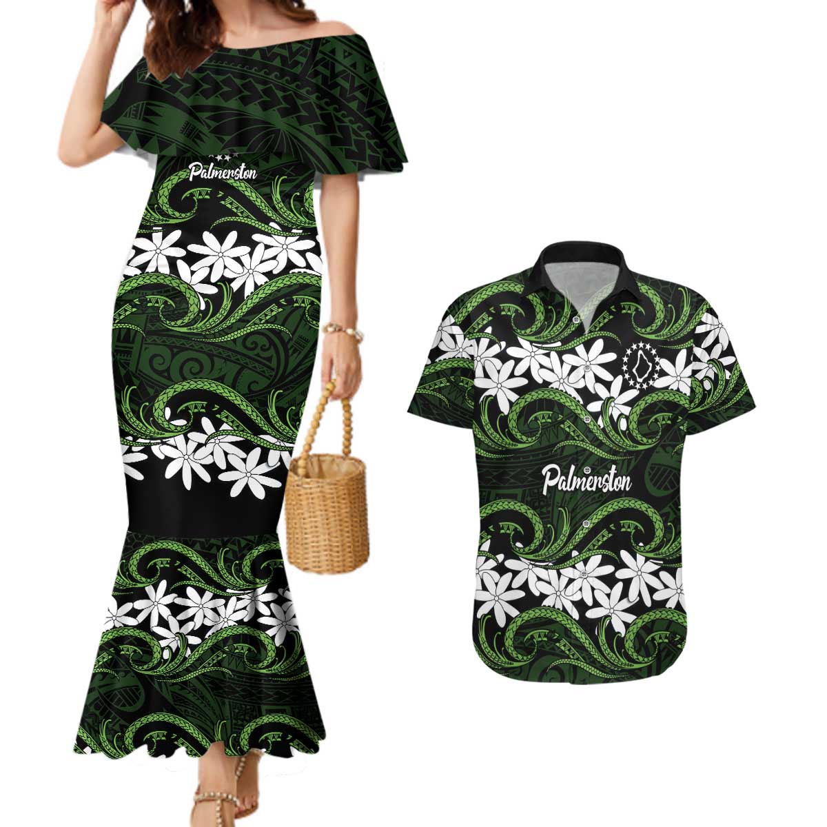 Personalised Cook Islands Palmerston Couples Matching Mermaid Dress and Hawaiian Shirt Tiare Maori Polynesian Waves Tattoo