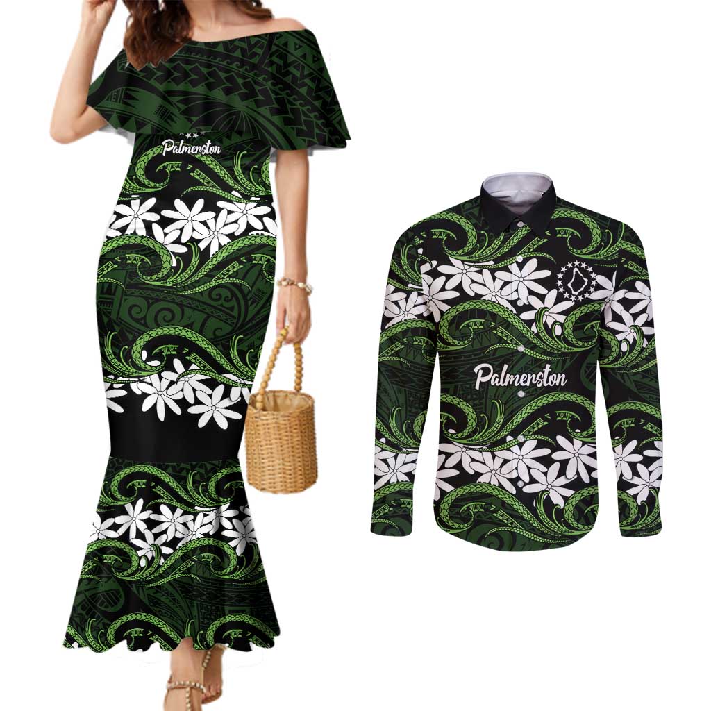Personalised Cook Islands Palmerston Couples Matching Mermaid Dress and Long Sleeve Button Shirt Tiare Maori Polynesian Waves Tattoo LT14 Green - Polynesian Pride
