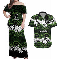 Personalised Cook Islands Palmerston Couples Matching Off Shoulder Maxi Dress and Hawaiian Shirt Tiare Maori Polynesian Waves Tattoo