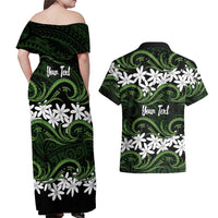 Personalised Cook Islands Palmerston Couples Matching Off Shoulder Maxi Dress and Hawaiian Shirt Tiare Maori Polynesian Waves Tattoo