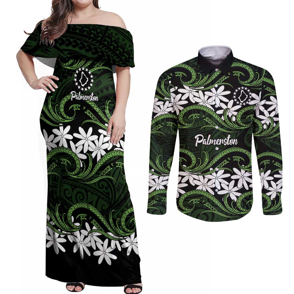 Personalised Cook Islands Palmerston Couples Matching Off Shoulder Maxi Dress and Long Sleeve Button Shirt Tiare Maori Polynesian Waves Tattoo LT14 Green - Polynesian Pride