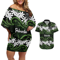 Personalised Cook Islands Palmerston Couples Matching Off Shoulder Short Dress and Hawaiian Shirt Tiare Maori Polynesian Waves Tattoo
