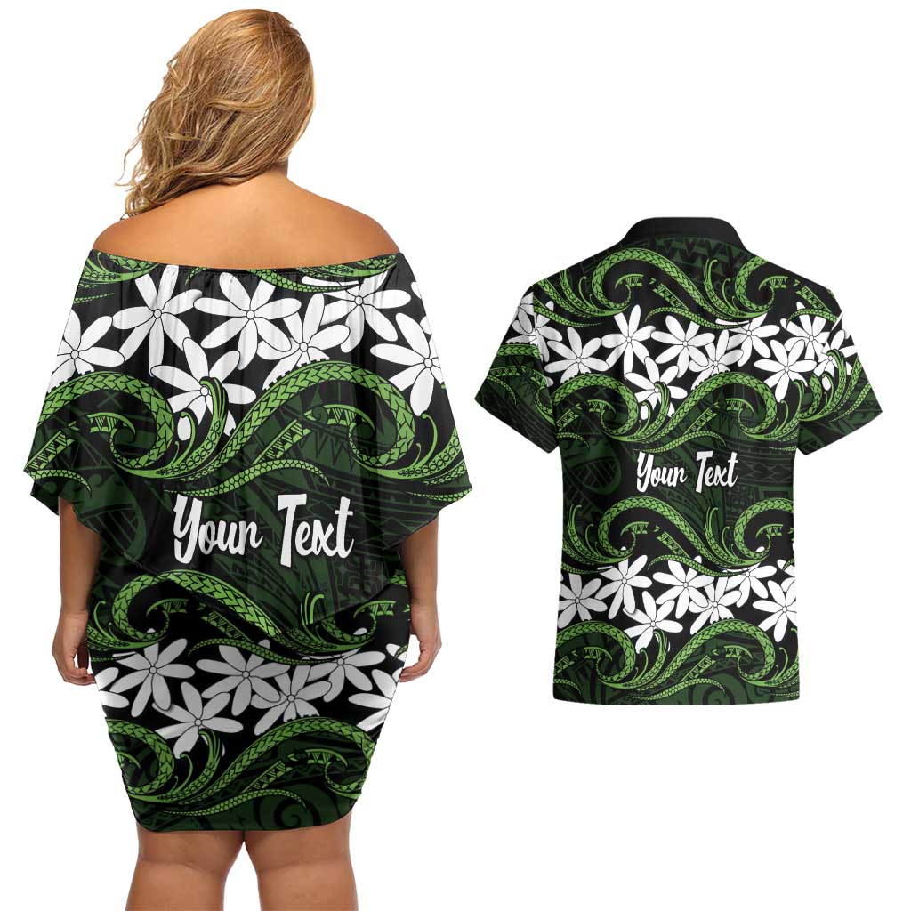 Personalised Cook Islands Palmerston Couples Matching Off Shoulder Short Dress and Hawaiian Shirt Tiare Maori Polynesian Waves Tattoo