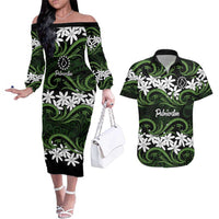 Personalised Cook Islands Palmerston Couples Matching Off The Shoulder Long Sleeve Dress and Hawaiian Shirt Tiare Maori Polynesian Waves Tattoo