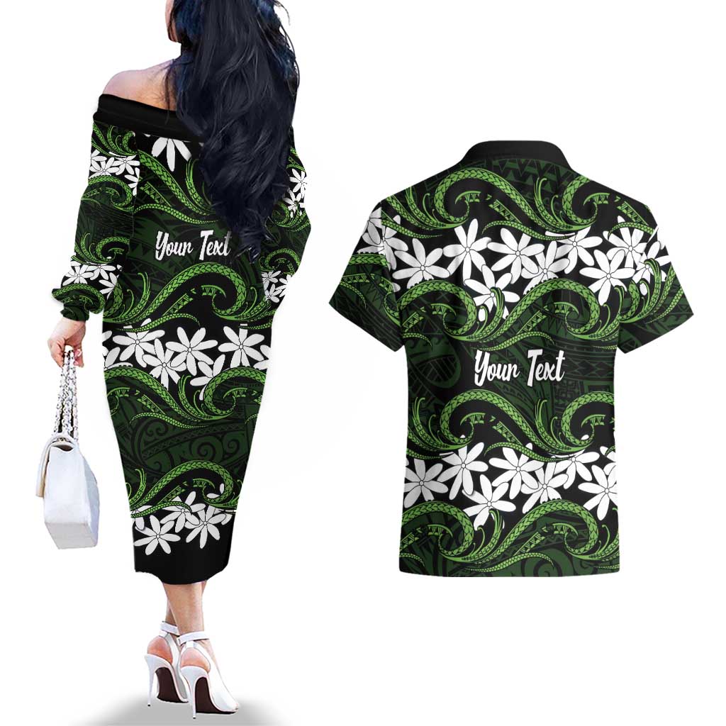 Personalised Cook Islands Palmerston Couples Matching Off The Shoulder Long Sleeve Dress and Hawaiian Shirt Tiare Maori Polynesian Waves Tattoo