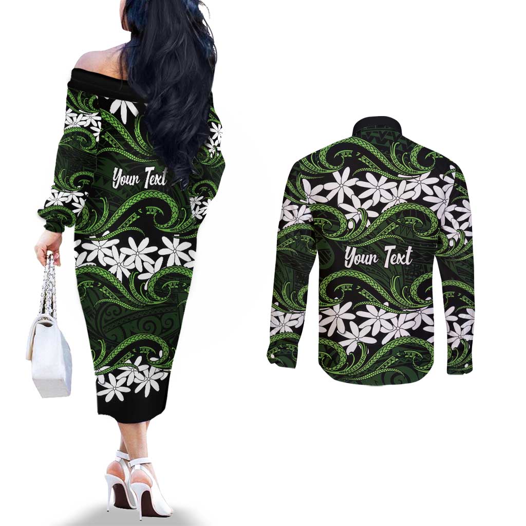 Personalised Cook Islands Palmerston Couples Matching Off The Shoulder Long Sleeve Dress and Long Sleeve Button Shirt Tiare Maori Polynesian Waves Tattoo