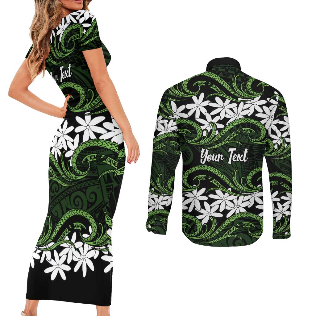 Personalised Cook Islands Palmerston Couples Matching Short Sleeve Bodycon Dress and Long Sleeve Button Shirt Tiare Maori Polynesian Waves Tattoo