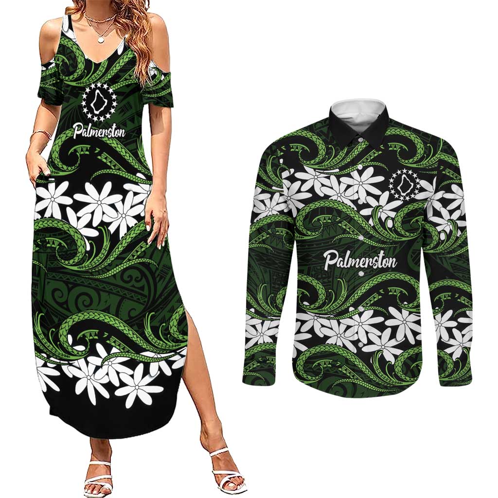 Personalised Cook Islands Palmerston Couples Matching Summer Maxi Dress and Long Sleeve Button Shirt Tiare Maori Polynesian Waves Tattoo LT14 Green - Polynesian Pride