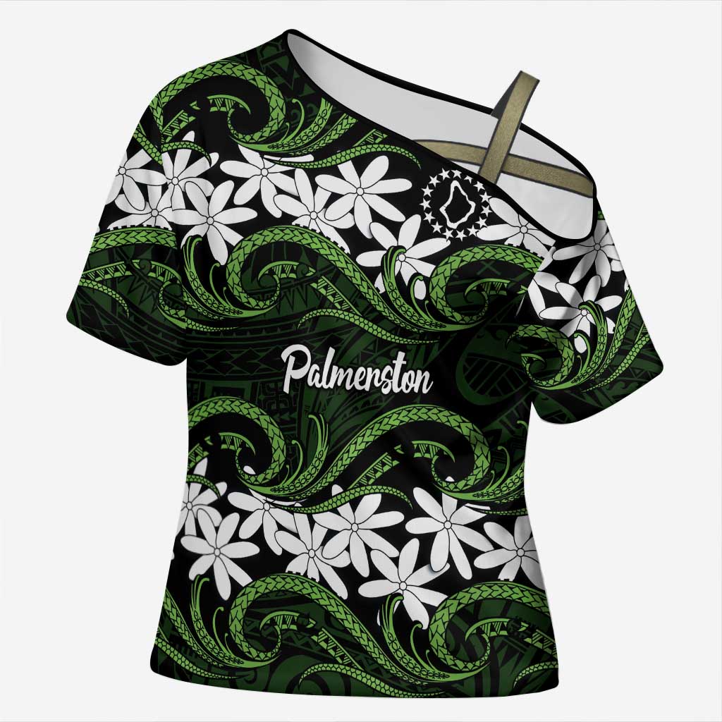 Personalised Cook Islands Palmerston Cross Shoulder Shirt Tiare Maori Polynesian Waves Tattoo LT14 Female Green - Polynesian Pride