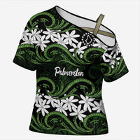 Personalised Cook Islands Palmerston Cross Shoulder Shirt Tiare Maori Polynesian Waves Tattoo LT14 Female Green - Polynesian Pride