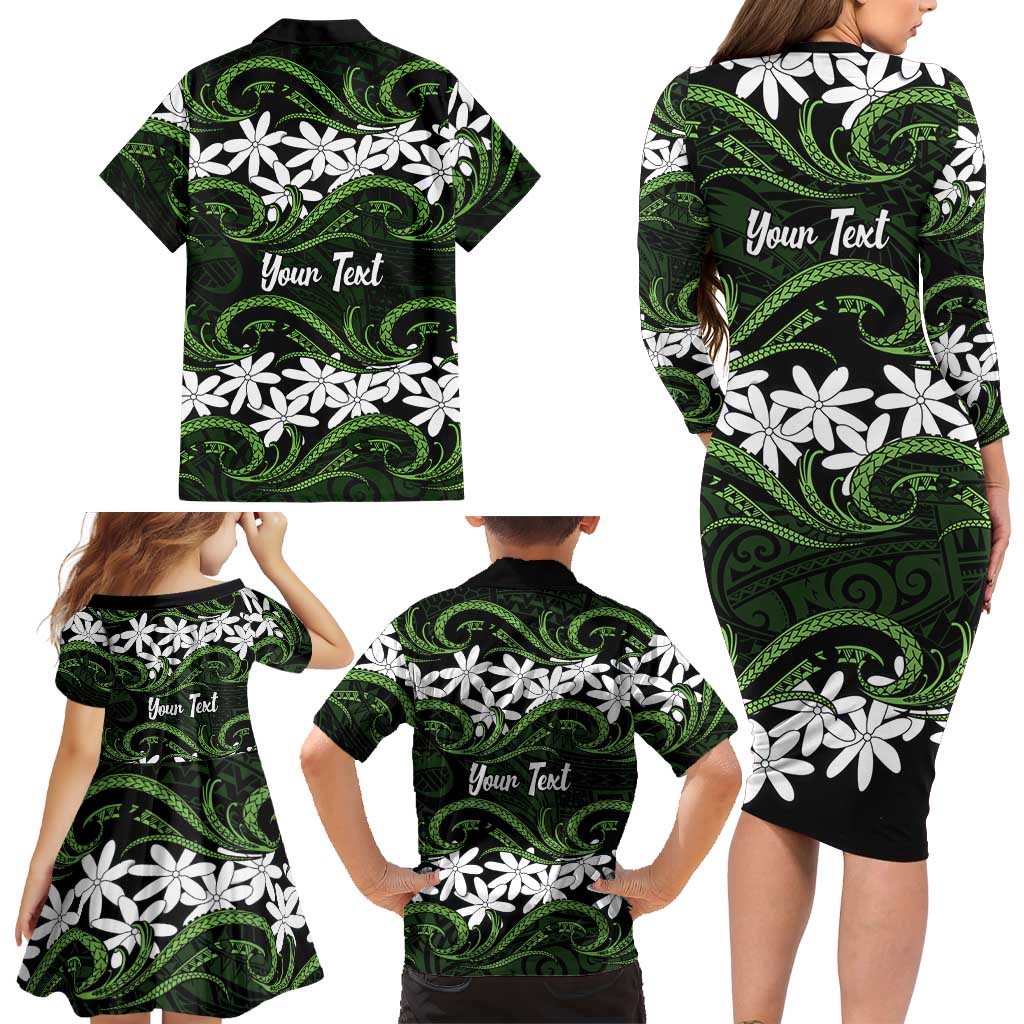 Personalised Cook Islands Palmerston Family Matching Long Sleeve Bodycon Dress and Hawaiian Shirt Tiare Maori Polynesian Waves Tattoo