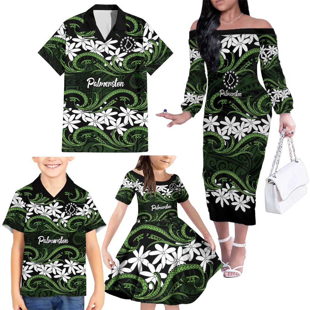 Personalised Cook Islands Palmerston Family Matching Off The Shoulder Long Sleeve Dress and Hawaiian Shirt Tiare Maori Polynesian Waves Tattoo LT14 - Polynesian Pride