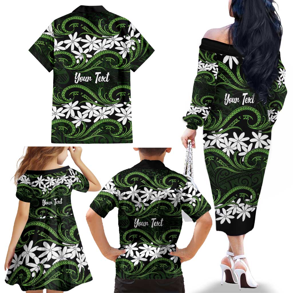 Personalised Cook Islands Palmerston Family Matching Off The Shoulder Long Sleeve Dress and Hawaiian Shirt Tiare Maori Polynesian Waves Tattoo