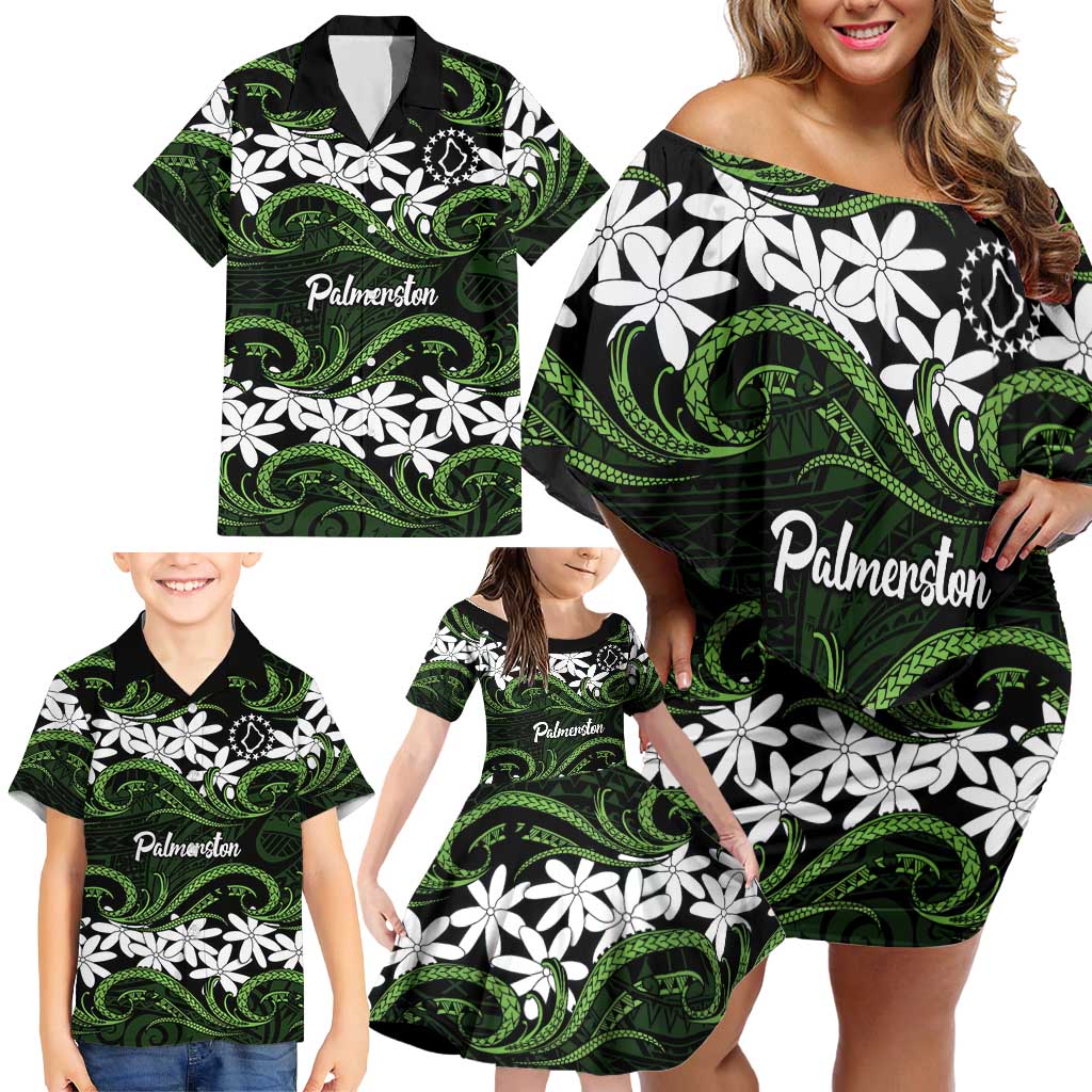 Personalised Cook Islands Palmerston Family Matching Off Shoulder Short Dress and Hawaiian Shirt Tiare Maori Polynesian Waves Tattoo LT14 - Polynesian Pride
