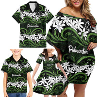Personalised Cook Islands Palmerston Family Matching Off Shoulder Short Dress and Hawaiian Shirt Tiare Maori Polynesian Waves Tattoo