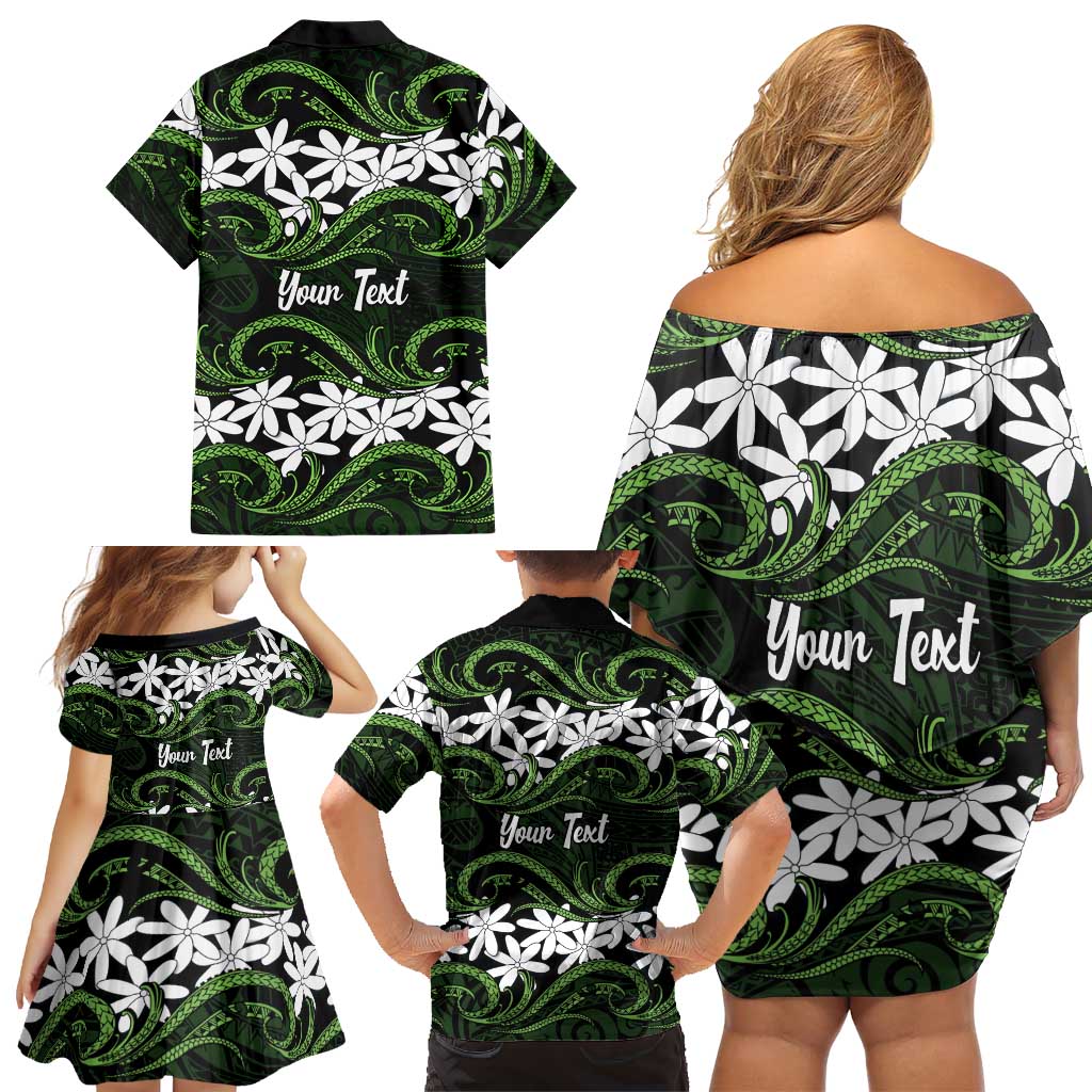 Personalised Cook Islands Palmerston Family Matching Off Shoulder Short Dress and Hawaiian Shirt Tiare Maori Polynesian Waves Tattoo