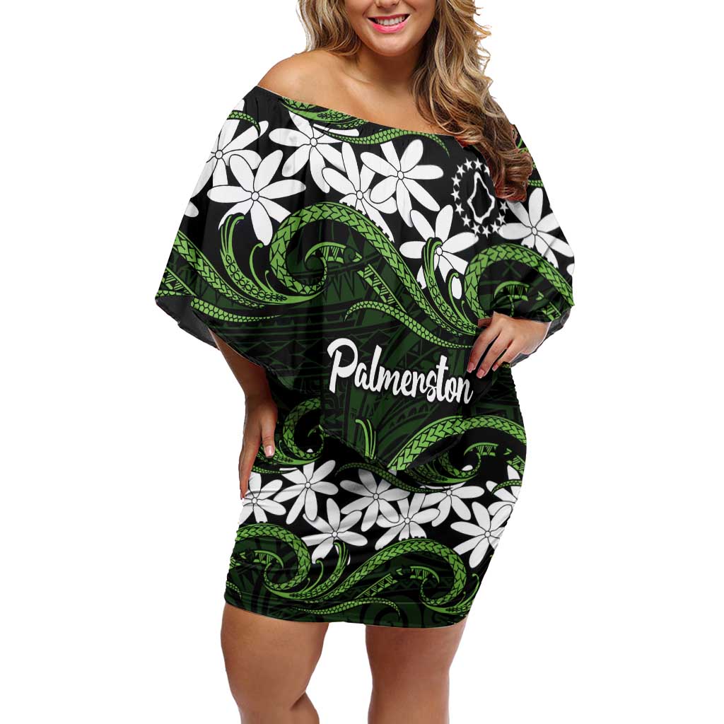Personalised Cook Islands Palmerston Family Matching Off Shoulder Short Dress and Hawaiian Shirt Tiare Maori Polynesian Waves Tattoo