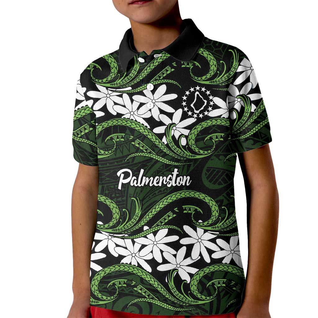 Personalised Cook Islands Palmerston Kid Polo Shirt Tiare Maori Polynesian Waves Tattoo LT14 Kid Green - Polynesian Pride