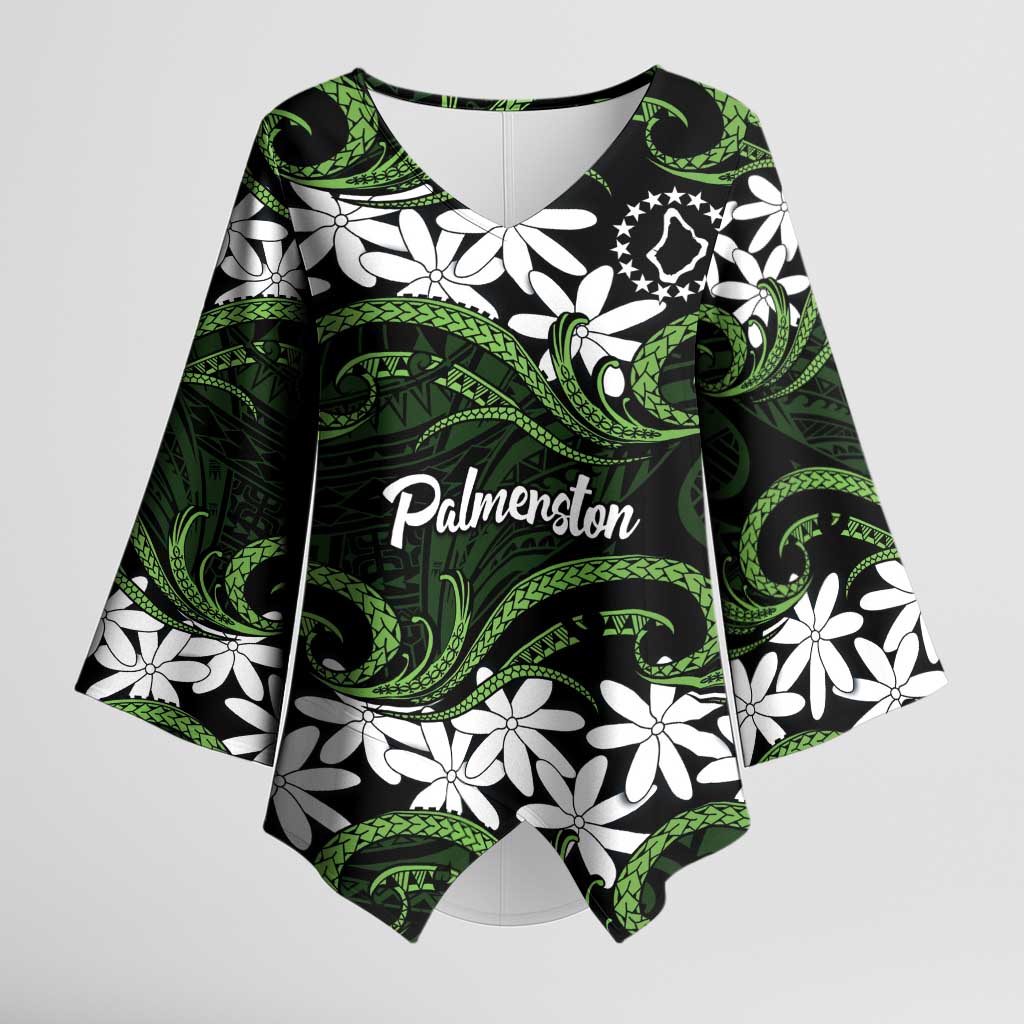 Personalised Cook Islands Palmerston Kimono Sleeve Blouse Tiare Maori Polynesian Waves Tattoo LT14 Female Green - Polynesian Pride