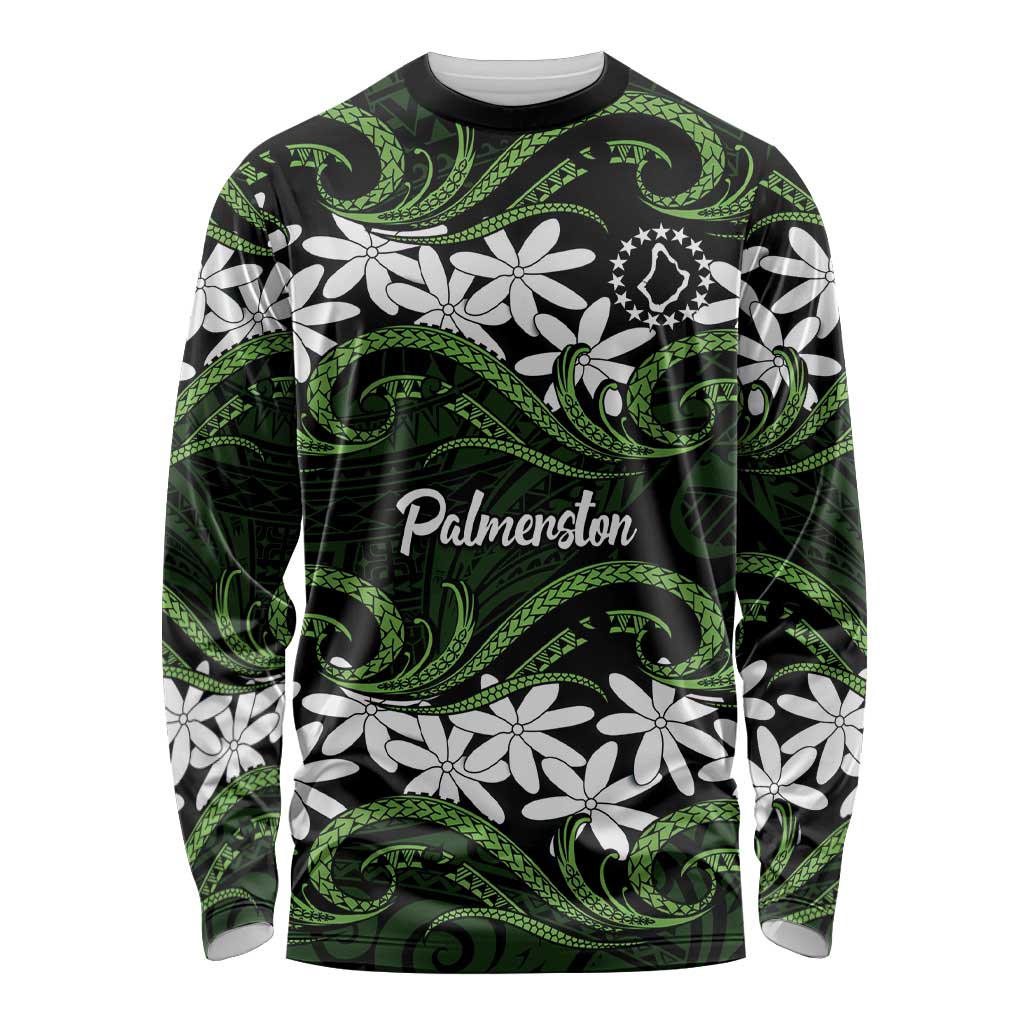 Personalised Cook Islands Palmerston Long Sleeve Shirt Tiare Maori Polynesian Waves Tattoo LT14 Unisex Green - Polynesian Pride