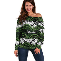 Personalised Cook Islands Palmerston Off Shoulder Sweater Tiare Maori Polynesian Waves Tattoo LT14 Women Green - Polynesian Pride