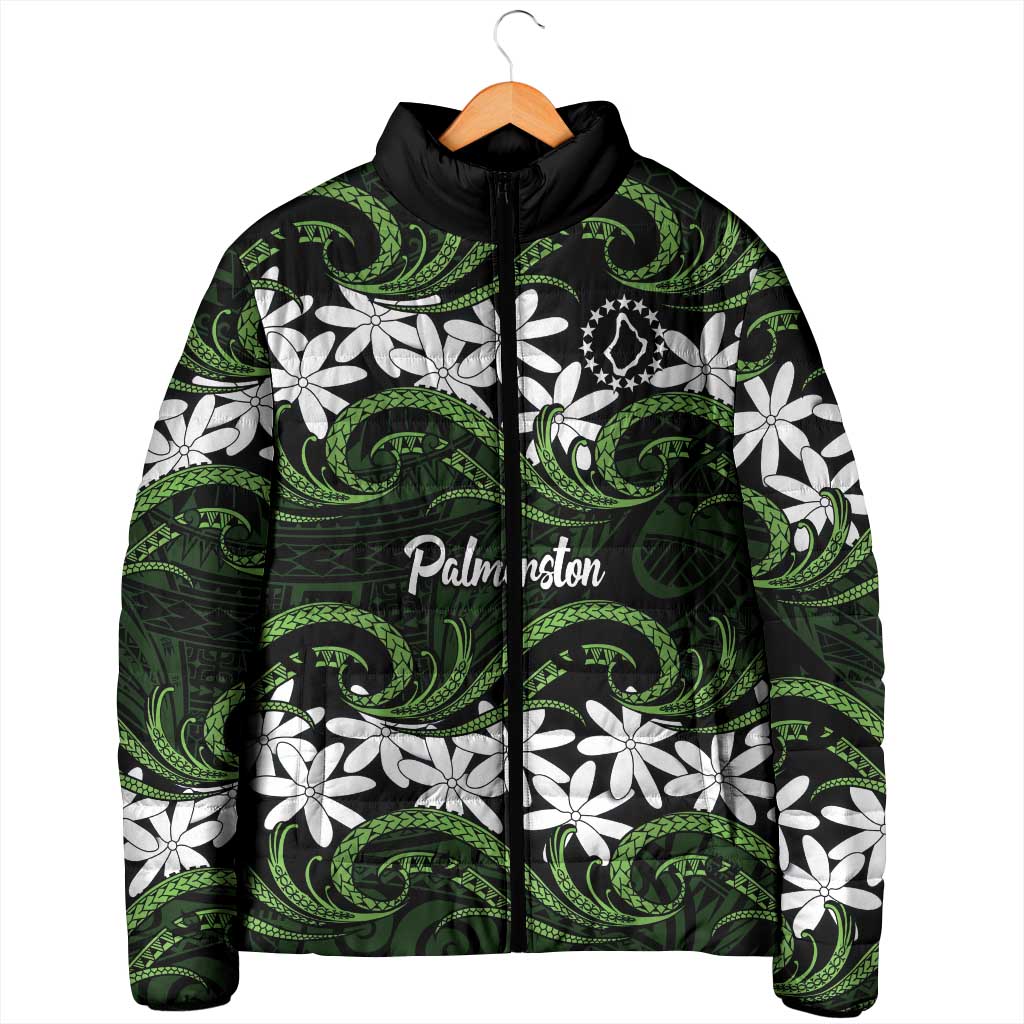 Personalised Cook Islands Palmerston Padded Jacket Tiare Maori Polynesian Waves Tattoo LT14 - Polynesian Pride