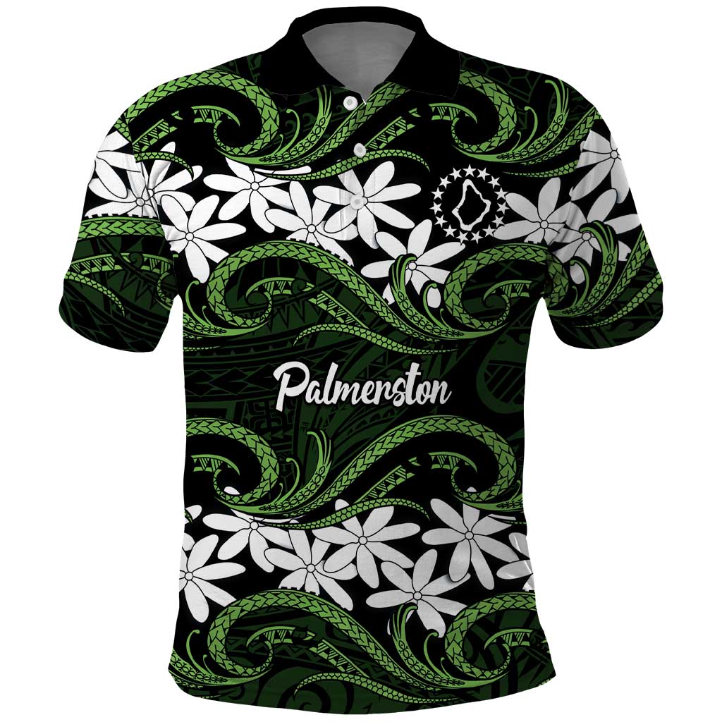 Personalised Cook Islands Palmerston Polo Shirt Tiare Maori Polynesian Waves Tattoo LT14 Green - Polynesian Pride