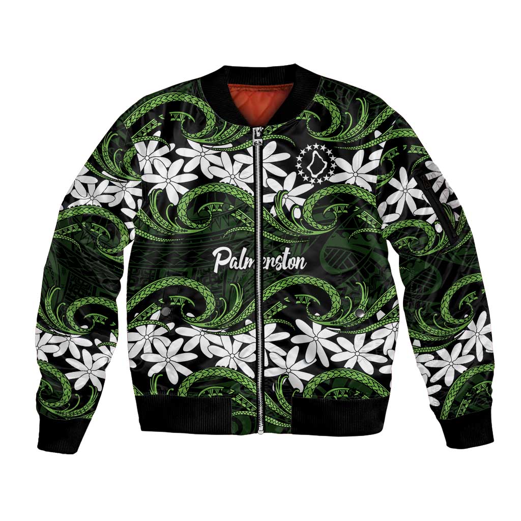 Personalised Cook Islands Palmerston Sleeve Zip Bomber Jacket Tiare Maori Polynesian Waves Tattoo LT14 Unisex Green - Polynesian Pride