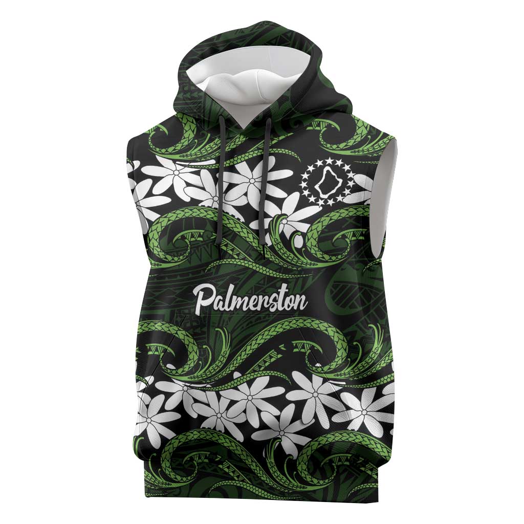 Personalised Cook Islands Palmerston Sleeveless Hoodie Tiare Maori Polynesian Waves Tattoo LT14 Green - Polynesian Pride
