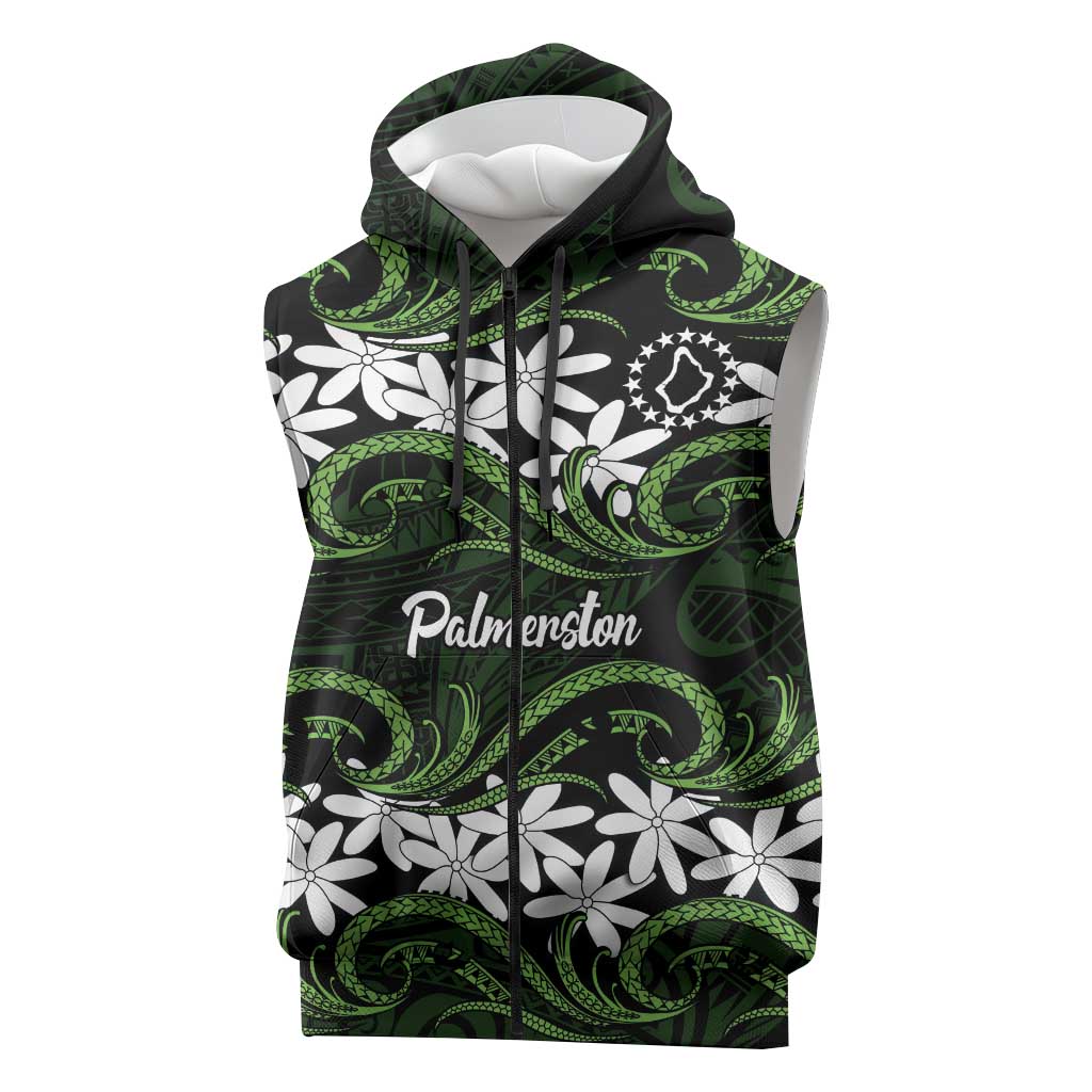 Personalised Cook Islands Palmerston Sleeveless Zip Hoodie Tiare Maori Polynesian Waves Tattoo LT14 Green - Polynesian Pride