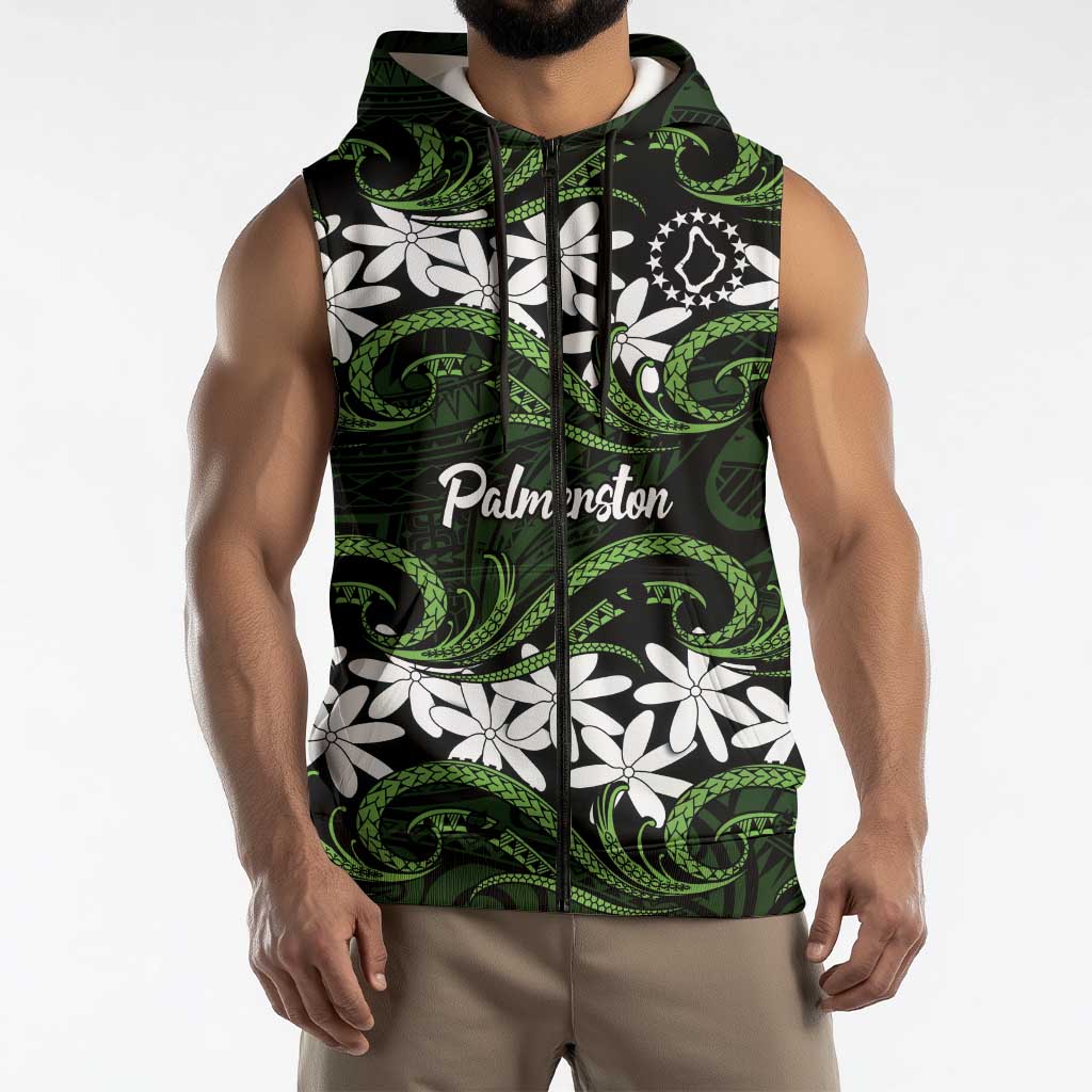 Personalised Cook Islands Palmerston Sleeveless Zip Hoodie Tiare Maori Polynesian Waves Tattoo