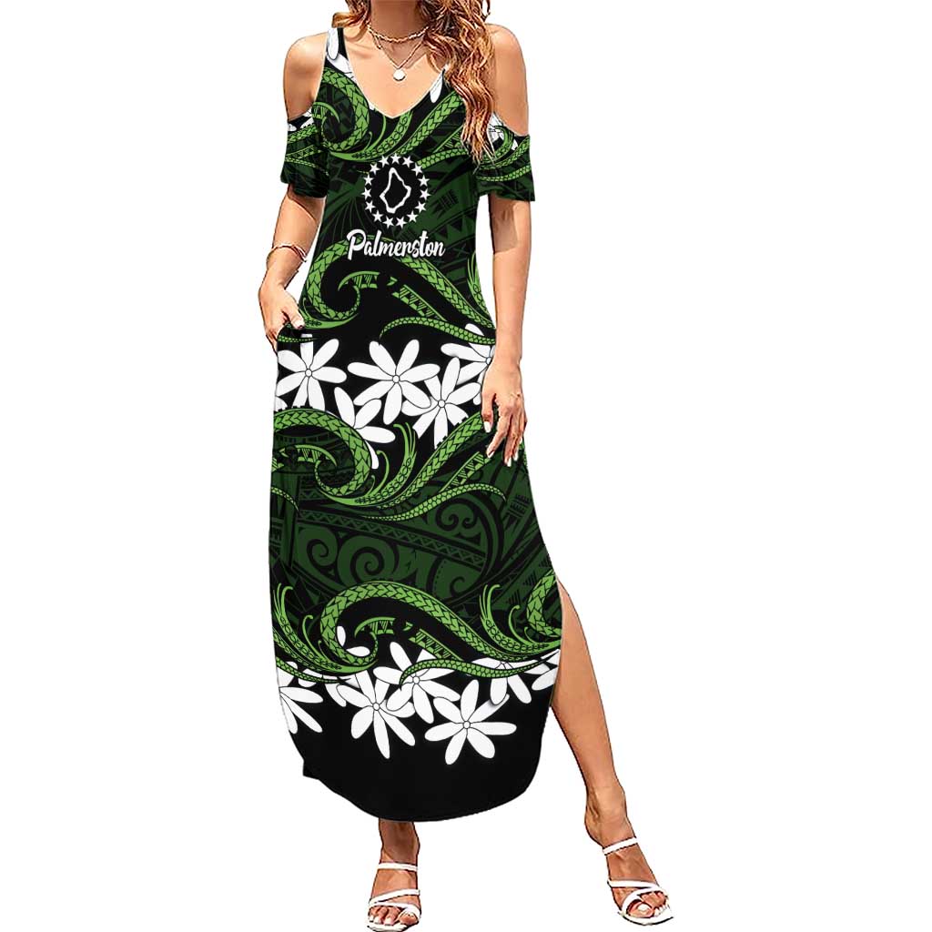 Personalised Cook Islands Palmerston Summer Maxi Dress Tiare Maori Polynesian Waves Tattoo LT14 Women Green - Polynesian Pride