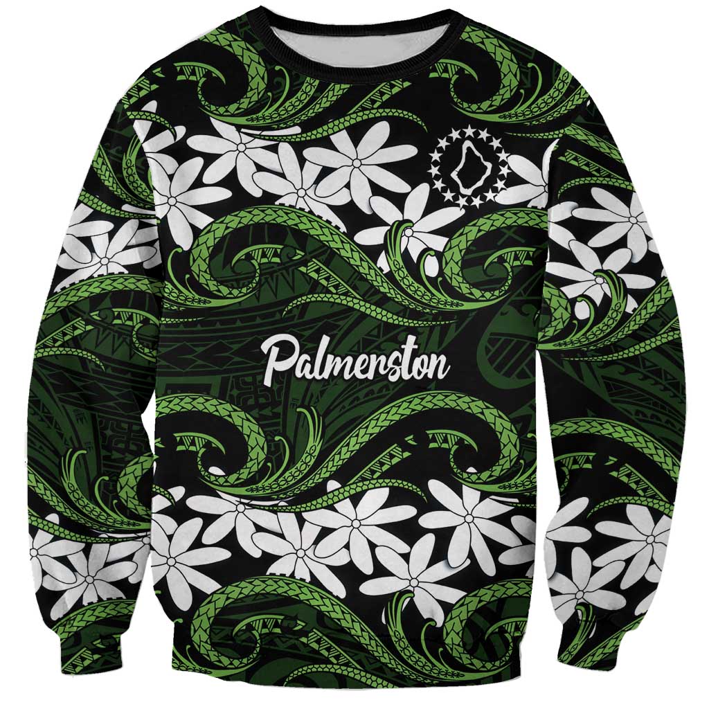 Personalised Cook Islands Palmerston Sweatshirt Tiare Maori Polynesian Waves Tattoo LT14 Unisex Green - Polynesian Pride