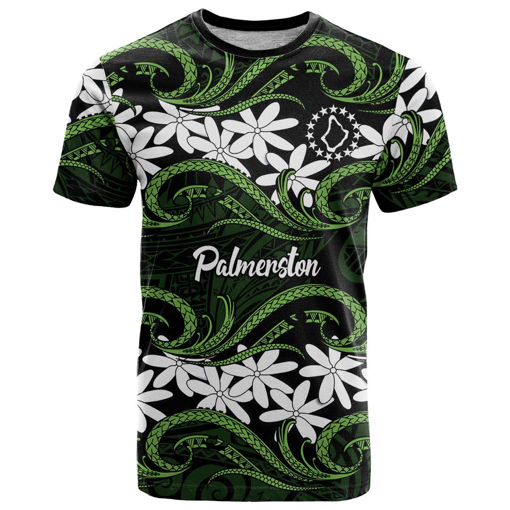 Personalised Cook Islands Palmerston T Shirt Tiare Maori Polynesian Waves Tattoo LT14 Green - Polynesian Pride