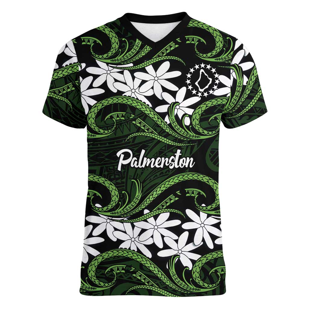 Personalised Cook Islands Palmerston Women V-Neck T-Shirt Tiare Maori Polynesian Waves Tattoo LT14 Female Green - Polynesian Pride