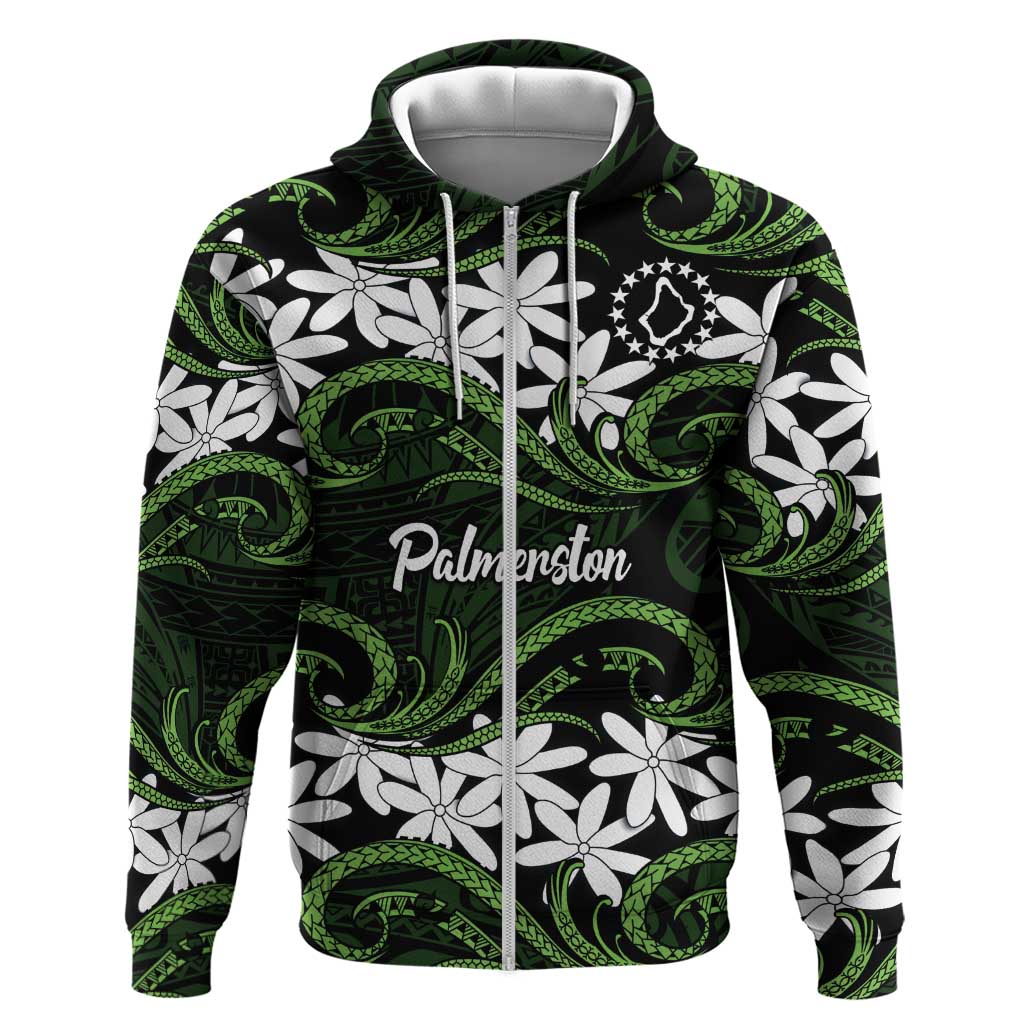 Personalised Cook Islands Palmerston Zip Hoodie Tiare Maori Polynesian Waves Tattoo LT14 Zip Hoodie Green - Polynesian Pride