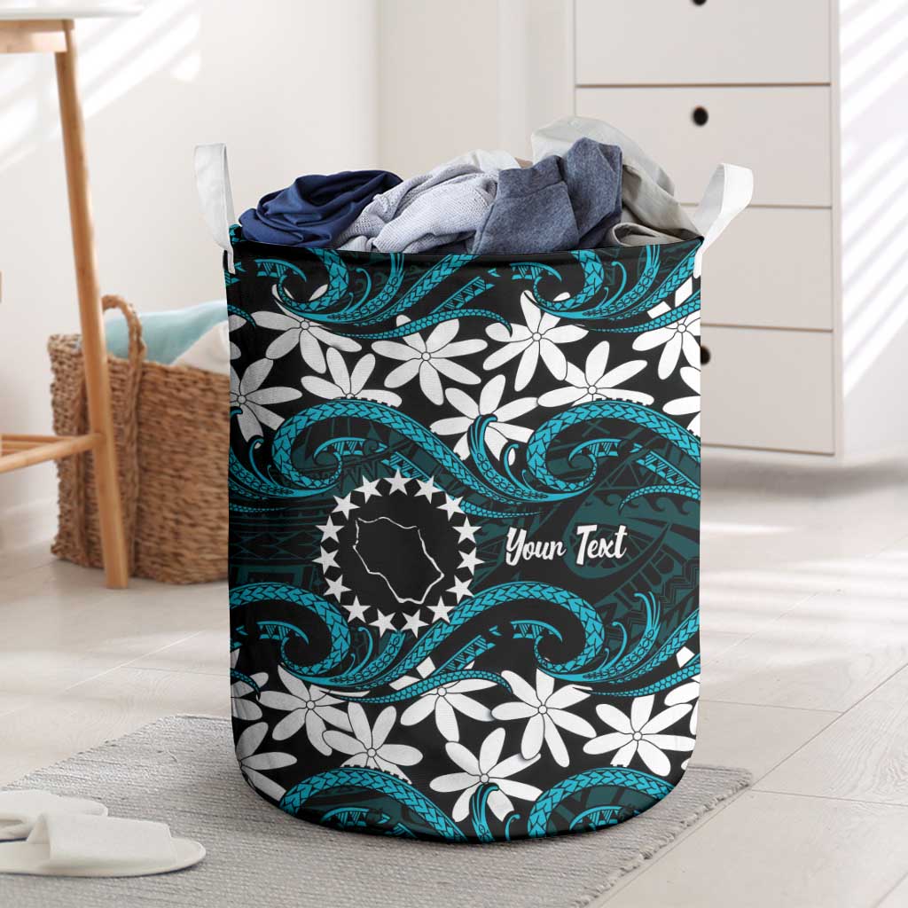 Personalised Cook Islands Penrhyn Atoll Laundry Basket Tiare Maori Polynesian Waves Tattoo LT14 Blue - Polynesian Pride