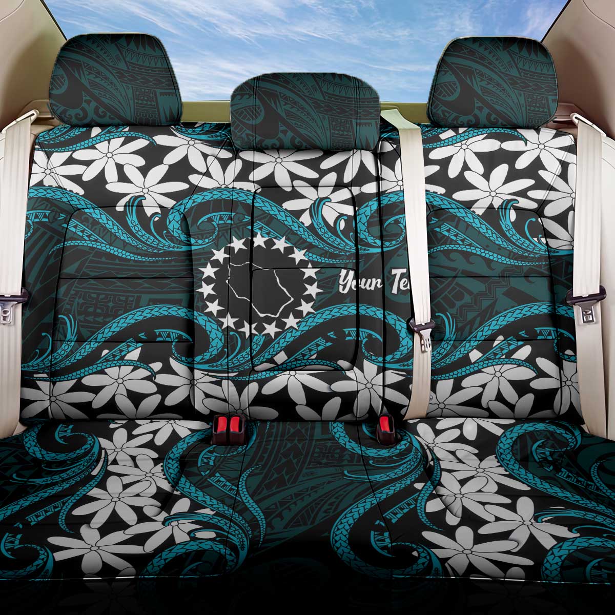 Personalised Cook Islands Penrhyn Atoll Back Car Seat Cover Tiare Maori Polynesian Waves Tattoo LT14 One Size Blue - Polynesian Pride