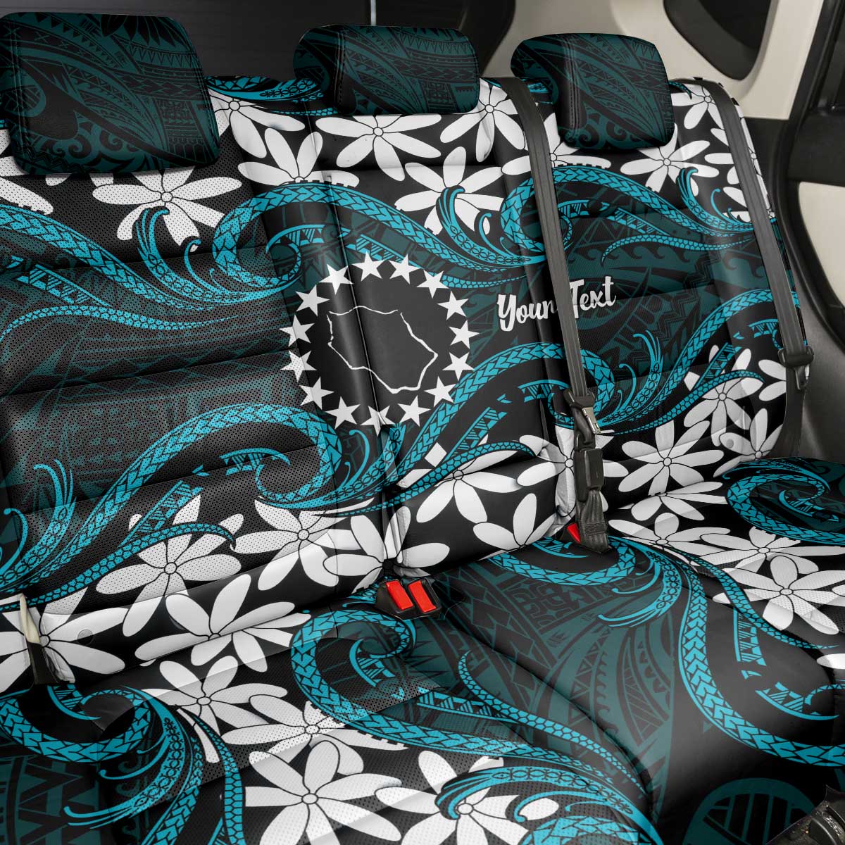Personalised Cook Islands Penrhyn Atoll Back Car Seat Cover Tiare Maori Polynesian Waves Tattoo LT14 - Polynesian Pride