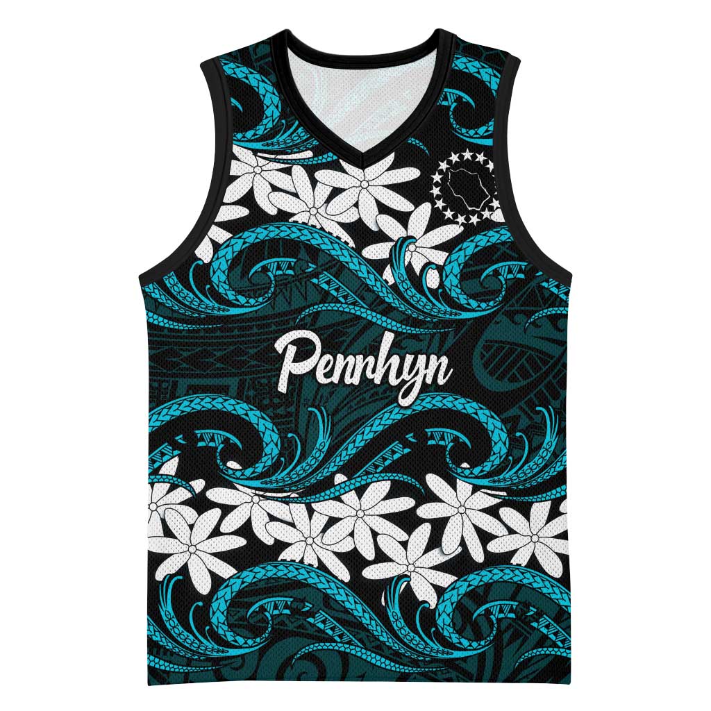 Personalised Cook Islands Penrhyn Atoll Basketball Jersey Tiare Maori Polynesian Waves Tattoo LT14 Unisex Blue - Polynesian Pride