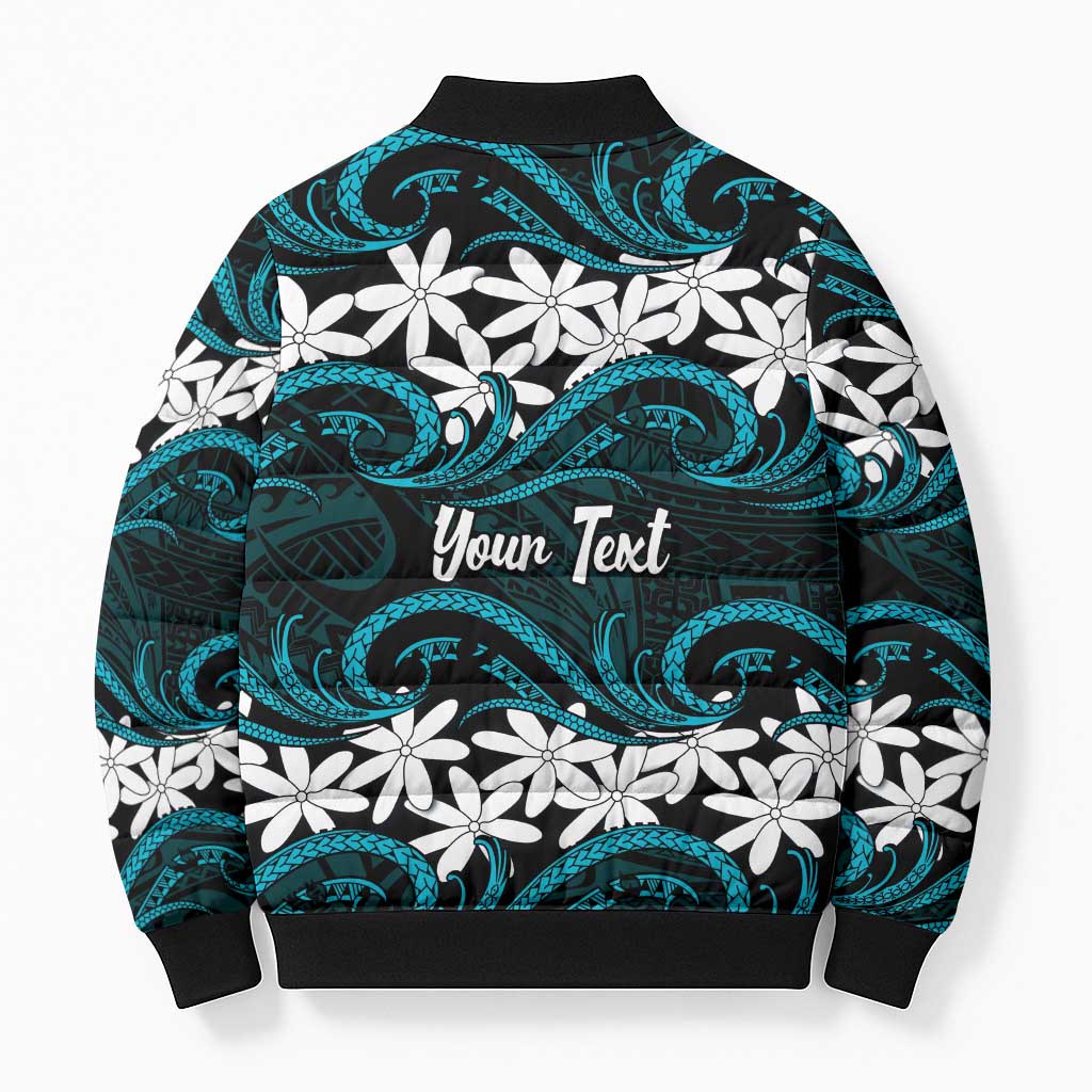 Personalised Cook Islands Penrhyn Atoll Bomber Puffer Jacket Tiare Maori Polynesian Waves Tattoo