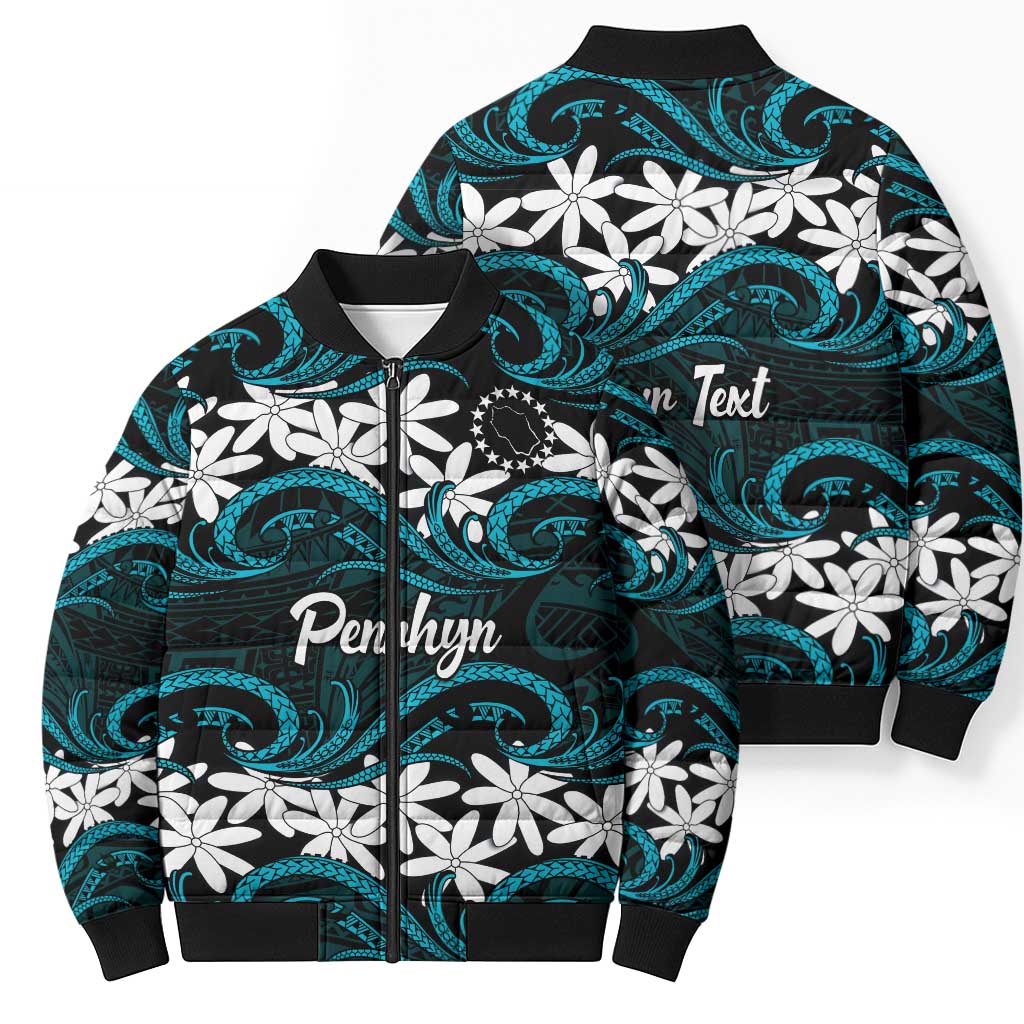 Personalised Cook Islands Penrhyn Atoll Bomber Puffer Jacket Tiare Maori Polynesian Waves Tattoo